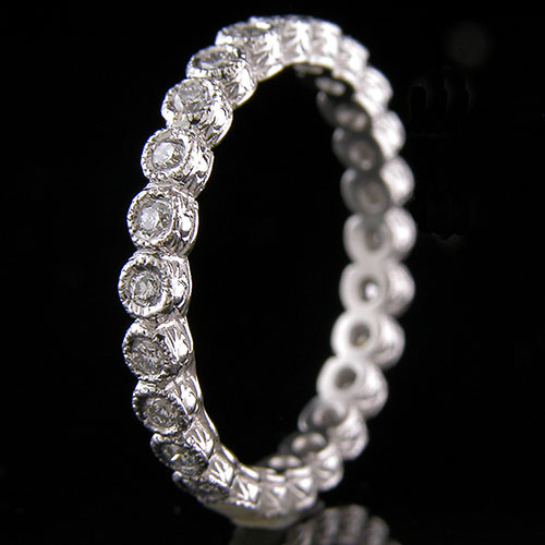 729-101 Antique style bezel set diamond platinum engraved eternity wedding band - Click Image to Close