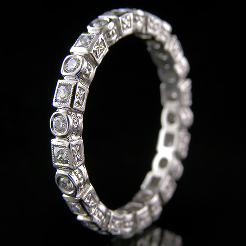 701-103 Antique style fancy square French cut diamond & diamond platinum shaped wedding eternity band