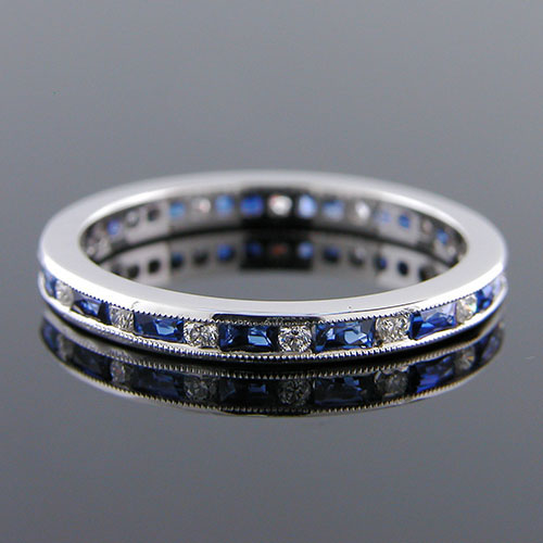544B-420P Art Deco-inspired French cut sapphire baguette and round diamond platinum wedding eternity band