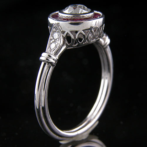 GS101S-3 Art Deco custom French cut halo ruby and Pave set diamond platinum engagement ring semi mount