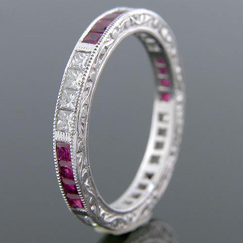 500-340 Grouped Princess cut ruby and Princess cut diamond Antique reproduction platinum engraved band