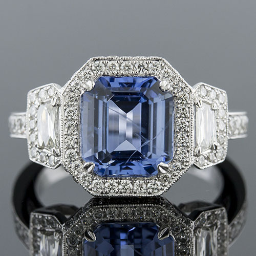 PPD94 Natural non-heated blue sapphire, fancy trapezoid diamond & Micro Pave set diamond Art Deco platinum ring PPD94 Natural non-heated blue sapphire, fancy trapezoid diamond & Micro Pave set diamond Art Deco platinum ring