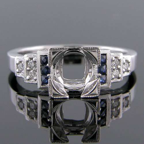 PPD61-4 Art Deco reproduction triple step French cut sapphire and diamond engagement ring semi mount