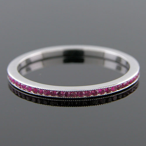 055-301P Ultra thin channel set round ruby platinum wedding eternity band - Click Image to Close